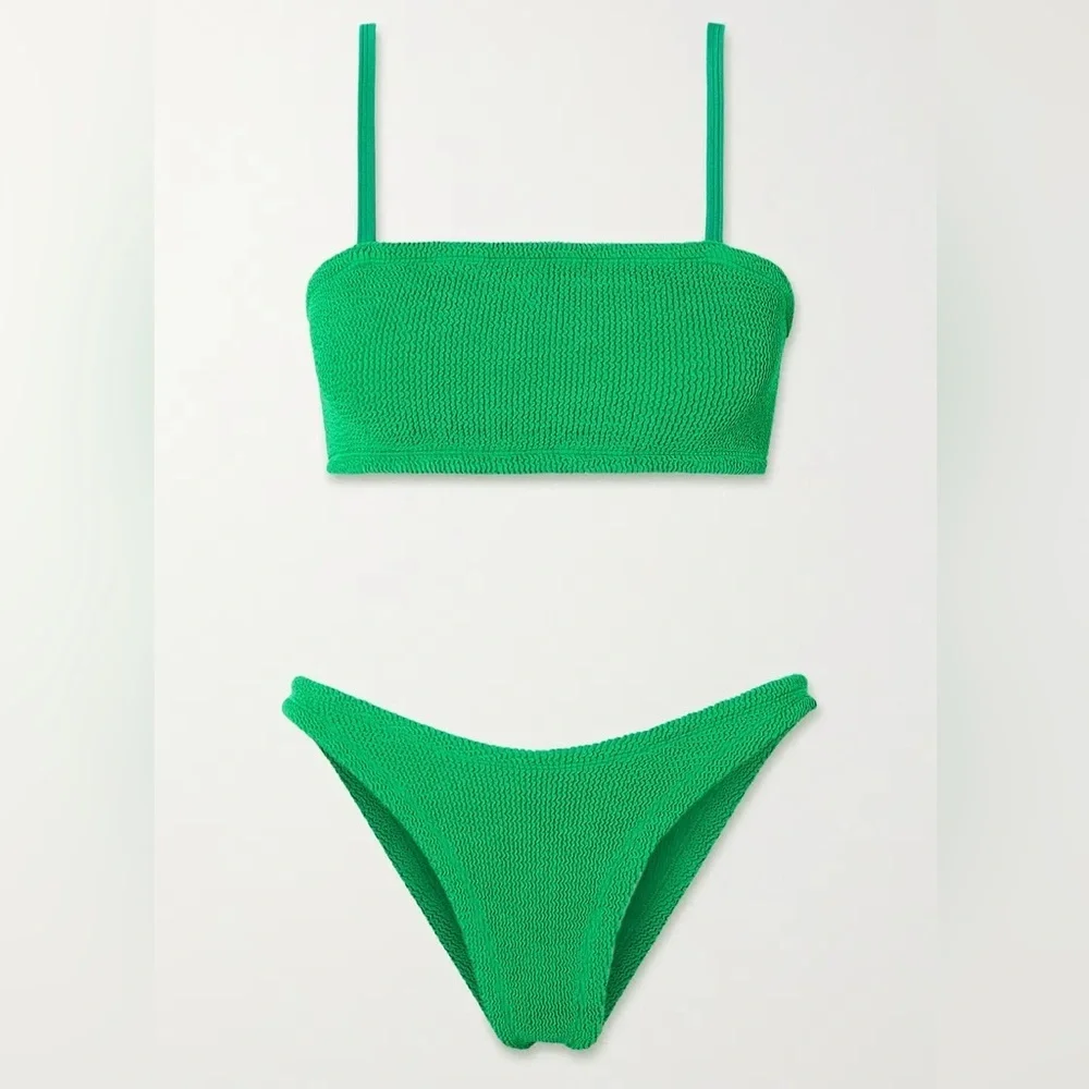 New Hunza G Bikini SET Emerald Green Gigi Crinkle Stretch Swimsuit Lime Jungle
